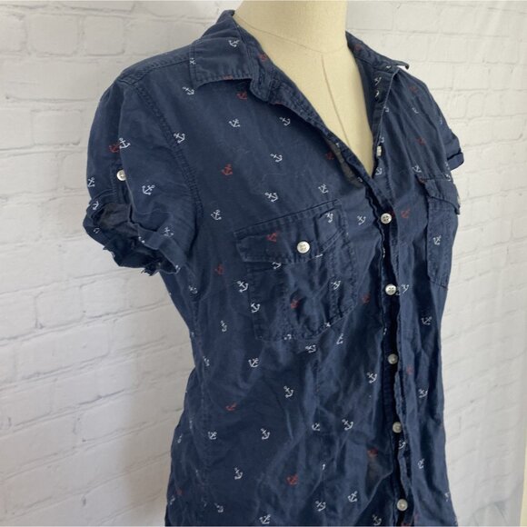 ⭐ 3/$15 LOGG Navy White Red Anchor Button Up Short Sleeve Lightweight Top - Picture 4 of 7